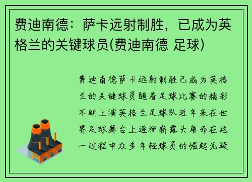 费迪南德：萨卡远射制胜，已成为英格兰的关键球员(费迪南德 足球)