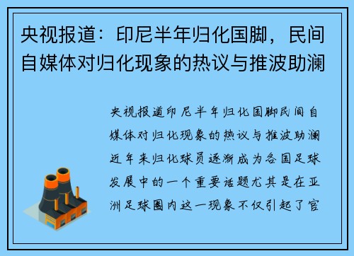 央视报道：印尼半年归化国脚，民间自媒体对归化现象的热议与推波助澜