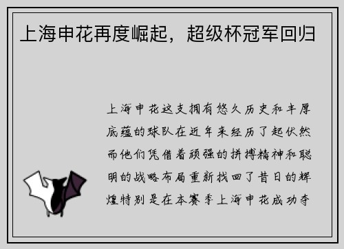 上海申花再度崛起，超级杯冠军回归