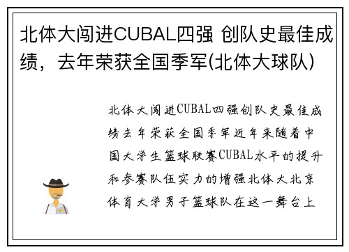 北体大闯进CUBAL四强 创队史最佳成绩，去年荣获全国季军(北体大球队)