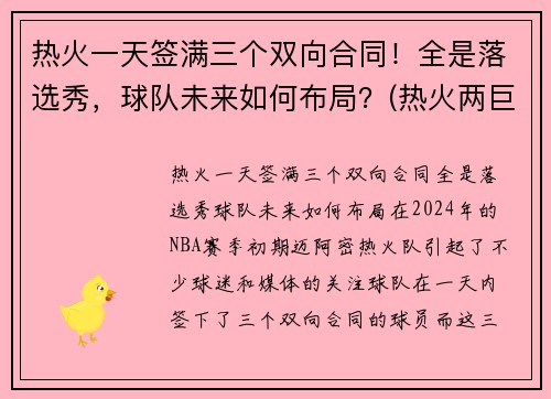 热火一天签满三个双向合同！全是落选秀，球队未来如何布局？(热火两巨头)